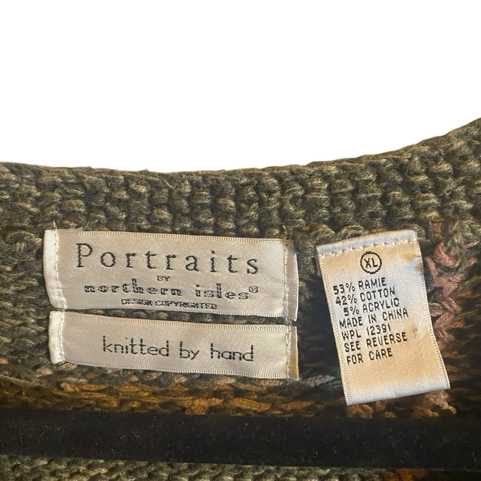 北岛肖像毛衣女式 XL 手工针织开衫花卉条纹 — 第 2/4 张图片
