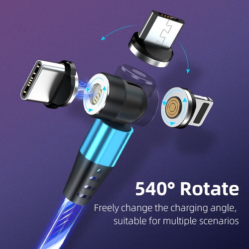 540° magnético 3A cable de datos de carga rápida luz LED para iPhone Micro USB Tipo-C - Imagen 4 de 43