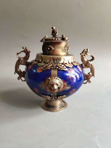 Collectible chinese Handmade tibet-Silver & Porcelain inlaid lion Incense Burner - Picture 3 of 9