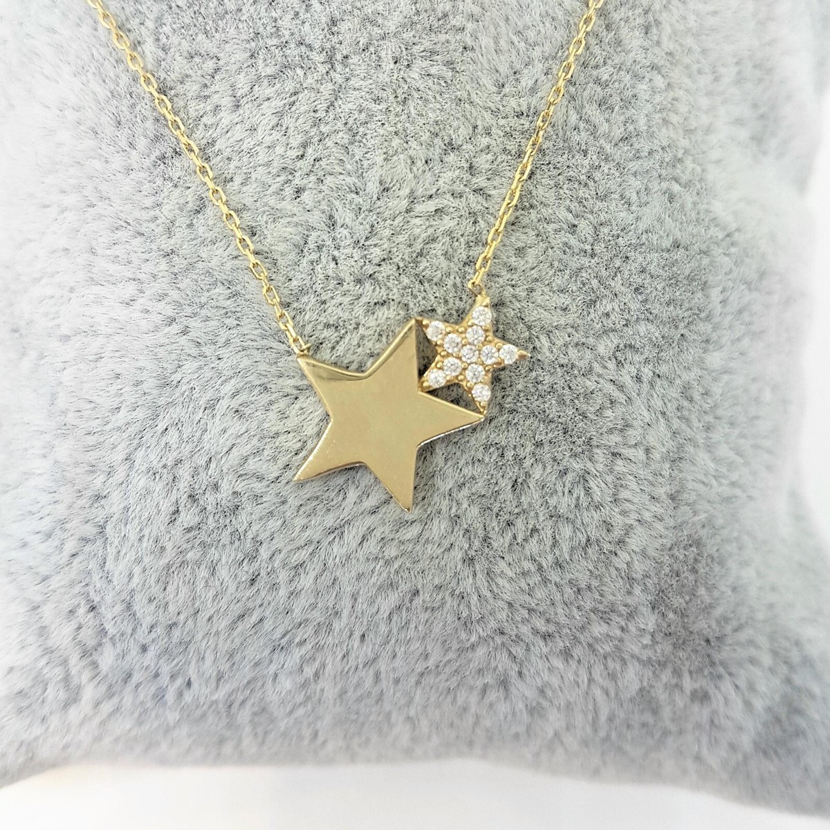 ☆人気☆【VINTAGE HOLLYWOOD】☆Stone Hug Star Necklac.e☆ 14K Solid Gold Double Star Necklace for Women , Dainty Star