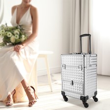 Silver Wheeled Rolling Makeup Train Case Organizer W/ 2 Keys 13.4 9.8 18.5in