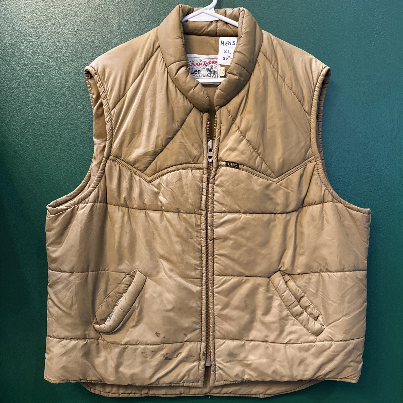 Vintage Lee Storm Rider Vest Jacket Mens XL Brown Quilted Puffer Western Stained