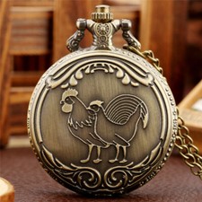 Vintage Antique Rooster Design Men Women Quartz Pocket Watch Necklace Chain