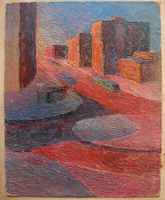 Ukrainian Soviet Oil Painting postimpressionism cityscape building street cars