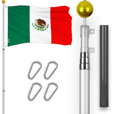 Combo: 16 Ft Telescoping Flagpole Silver & Mexico Mexican Flag 3x5 Ft Emb 300D