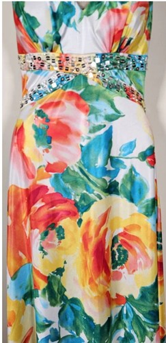Morgan & Co Dress Women's Small Bright Floral Backless Beaded Trim Maxi Dress - Picture 2 of 13