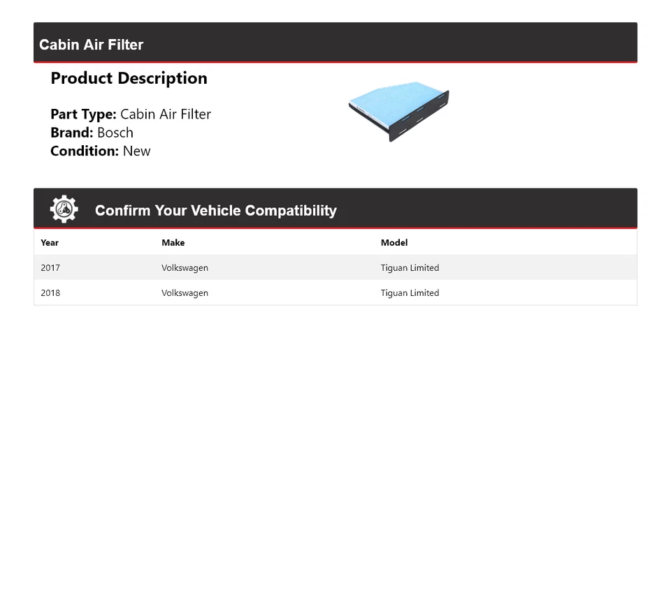 Воздушный фильтр для салона Bosch ограниченного выпуска для Volkswagen Tiguan 2017–2018 годов выпуска - Изображение 2 из 4