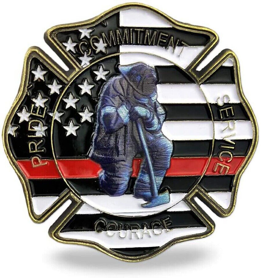 US Flag A Thin Red Line Firefighter Prayer Challenge Coin St Florian Cross Medal
