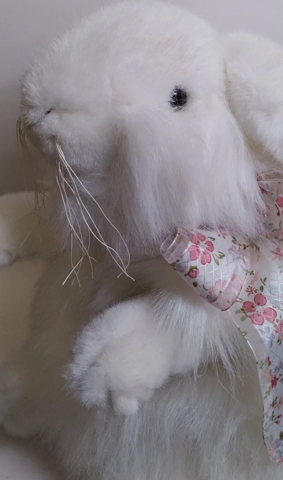 12" White Fluffy Bunny Rabbit Foral Pink Bow Sitting Upright Easter - Image 2 of 4