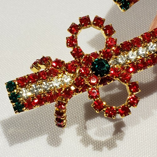 Sparkling Faux Rhinestone Christmas Candy Cane Pin and Tree Earrings Set A708 - Picture 3 of 10