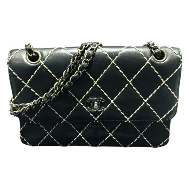 Chanel Black Calfskin Chain Shoulder Bag with Wild Stitch Detail