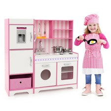Kids Kitchen Playset Wooden Play Kitchen with Adjustable LED Lights Ice Maker