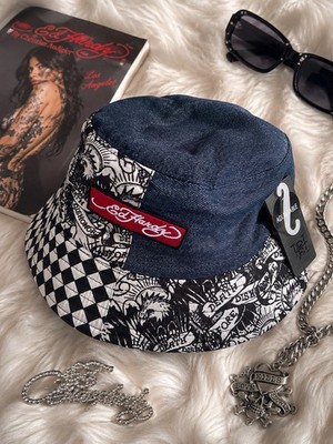 NWT Ed Hardy Bucket Hat Adjustable Denim Tattoo Graphic Checkerboard Unisex