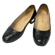 Chanel Coco Mark Chunky Heel Pumps Leather Black Women's Size EU35.5/US5.5