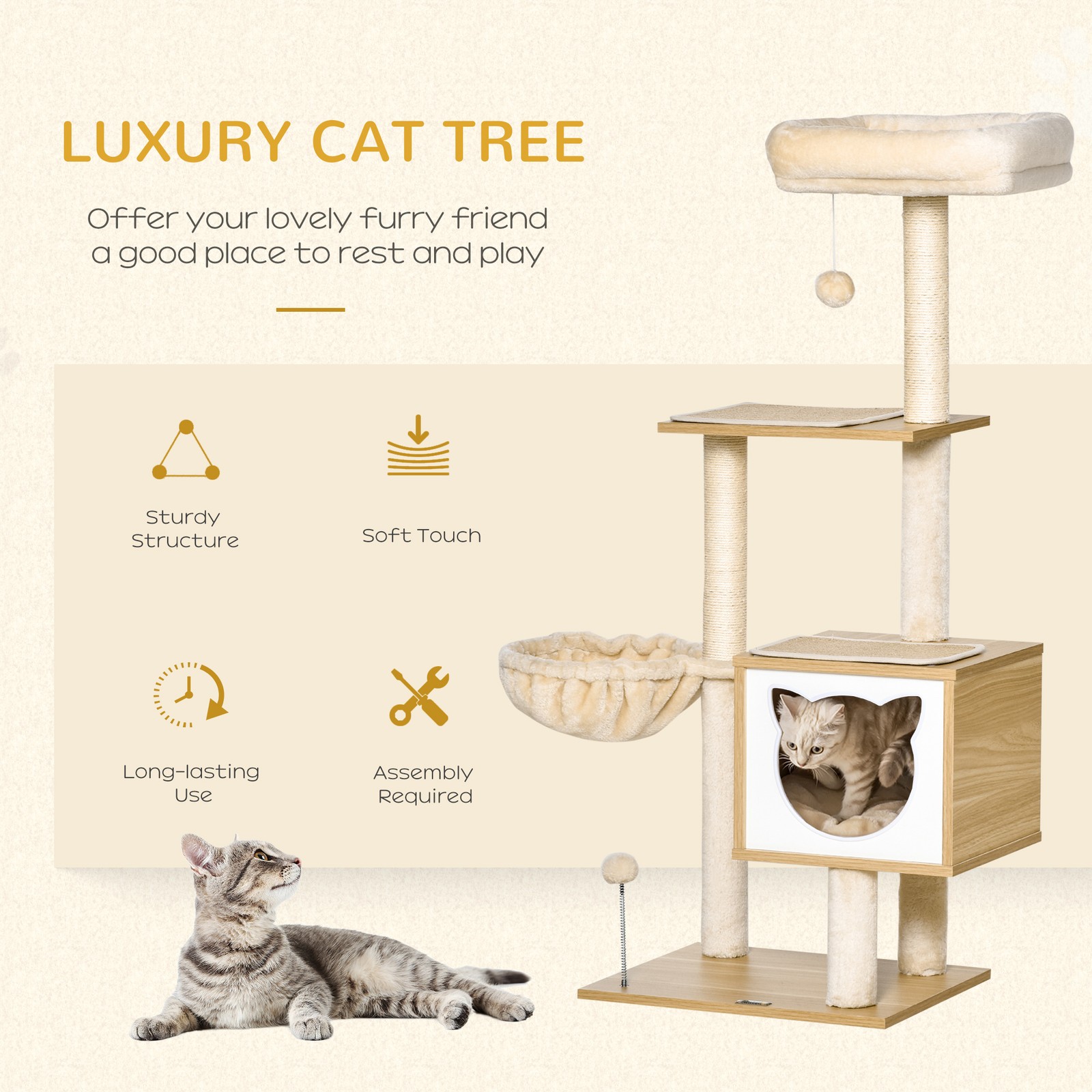 Tiragraffi Gatti 126cm Legno e Peluche con Casetta e 2 Pali Sisal - 4