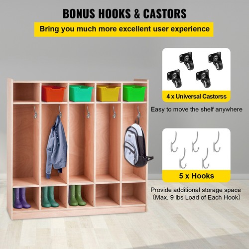 Coat Locker 5-Section Daycare Cubby Coat Rack 5 Hooks and Storage Boxes - Picture 5 of 12