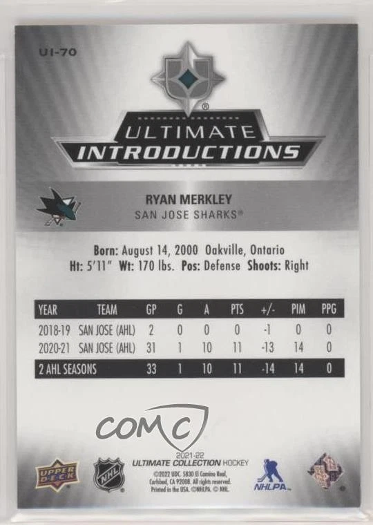 2021 Upper Deck Ultimate Collection Introductions Ryan Merkley #UI-70 Rookie RC - Image 2 of 2