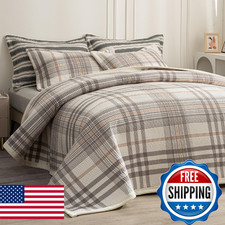 Tohrisa Cotton Plaid Quilt Set Ultra Soft 3 Pieces King Size Bedding 2 Pillow