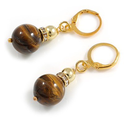 12mm Tiger Eye Beaded Drop Earrings in Gold Tone - 40mm L