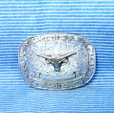 Western Steer Head Belt Buckle Floral Scroll Ribbon Cowboy Cowgirl Vtg  .TYC434