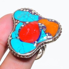 Red  Yellow Coral Turquoise Adjustable Ring Boho Tibetan Nepali Jewelry NR 3361