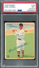 Earl Averill Auto 1933 Goudey RC 194 Cleveland Indians PSA 1 Auto Mint 9 PSA/DNA