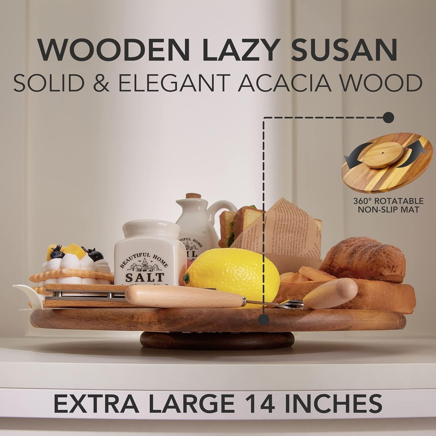 Lazy Susan Turntable 14 Inch Acacia Wood Kitchen Organizer Spices Display