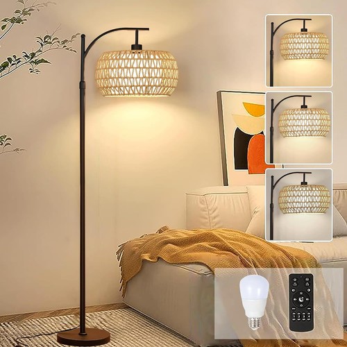 Arc Floor Lamps for Living Room Rattan Boho Floor Lamp with Remote Control