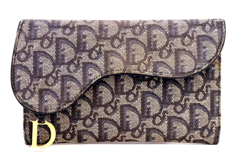 Christian-Dior Sillín Tríptico Largo Cartera Monedero CD Trotter Lona Azul Auténtico Foto 3 de 4