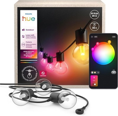 Philips Hue Festavia Globe Outdoor String Lights,  Color  91ft 32 Bulbs, black