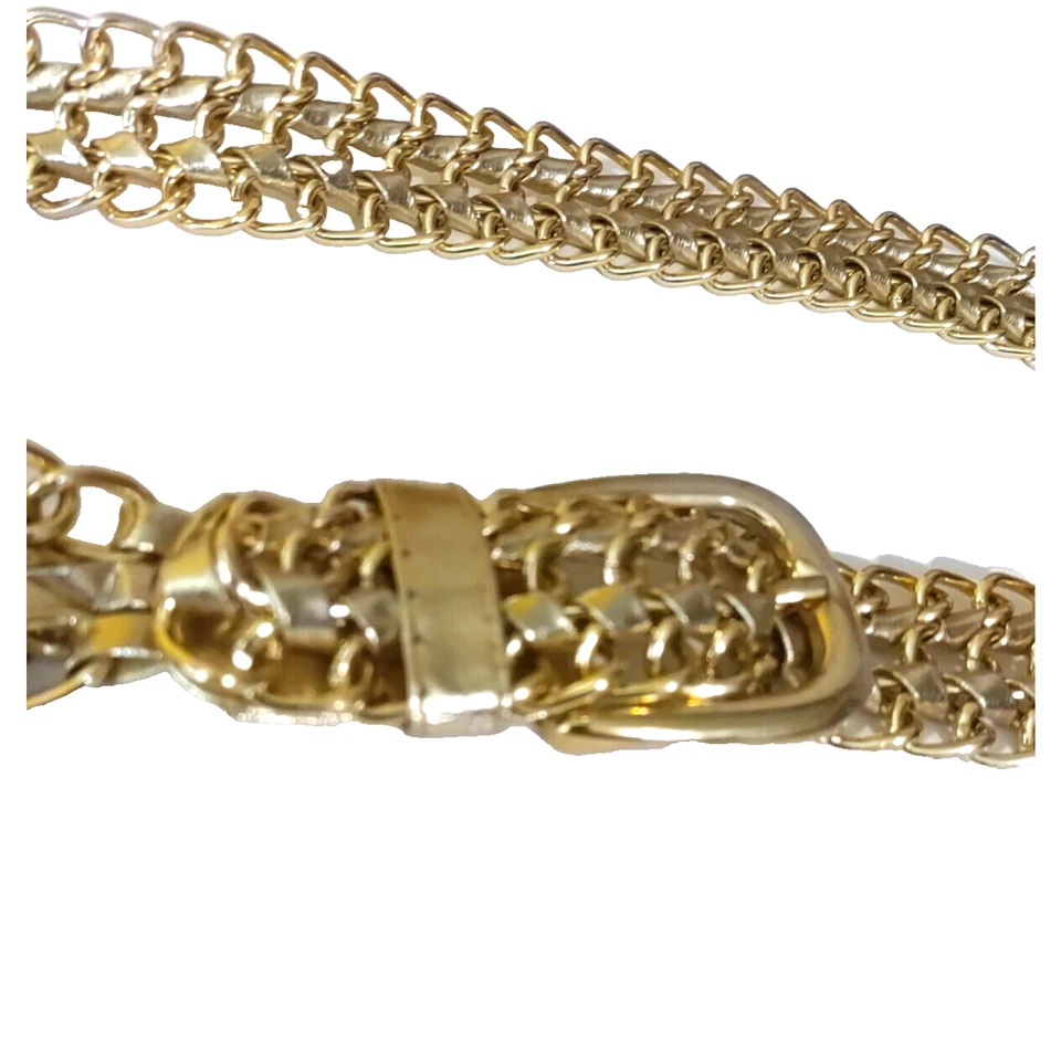 Cinturón Mujer Metal Vinilo Tono Dorado Bling Estilo Clásico 36" Largo Foto 3 de 4