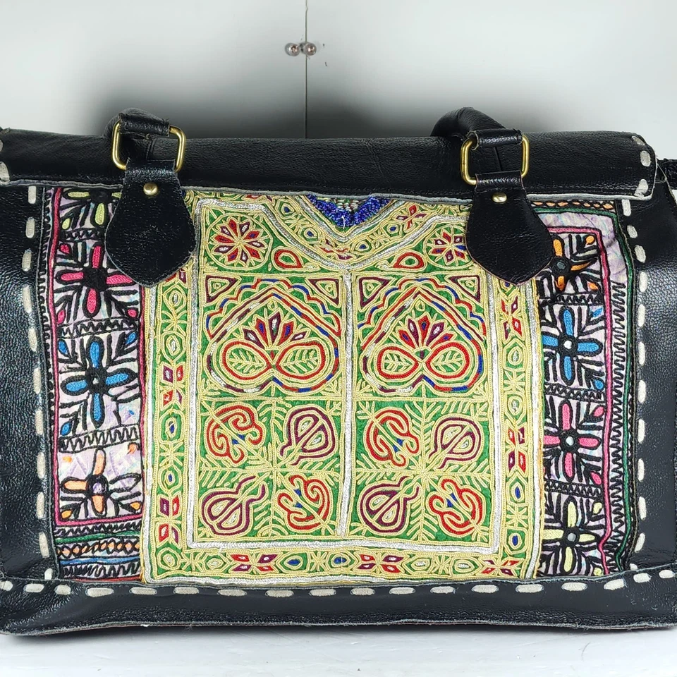 Vintage Addiction Black Leather Large Stitching Handcrafted Tote Laptop Bag - Image 4 of 4