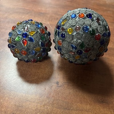 Vtg Arab Hand Hammered Silver Metal Decorative Orbs Sphere Jeweled 4  & 5 