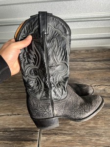 VTG Tony Lama Mens 8.5 EE Western Cowboy Boot Black Shrunken Bull Leather 6250 Tony Lama Shrunken Shoulder Bull Hide Sz 8 D Western Men\ main image 3
