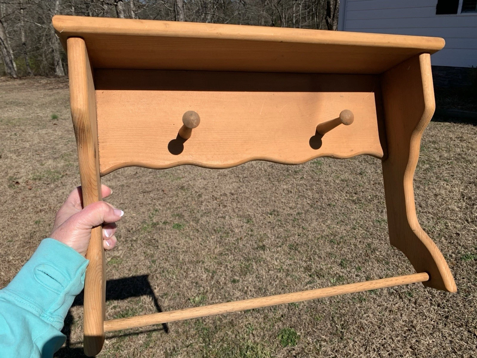 Vintage Wood Wall Mount Shelf With 2 Pegs & Towel Bar 19.5”x 14”x 5”
