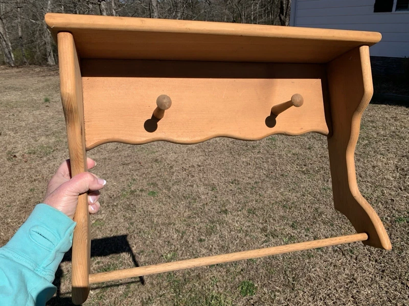 Vintage Wood Wall Shelf Two Pegs Towel Bar