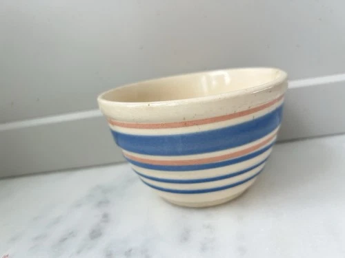 McCoy ? Hull ? Pottery Small 5” Mixing Bowl Pink Blue Stripes Vintage
