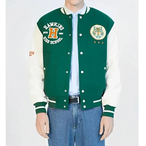 Letterman Stranger Things Hawkins Stadium Green and White Varsity Jacket - Picture 2 of 5