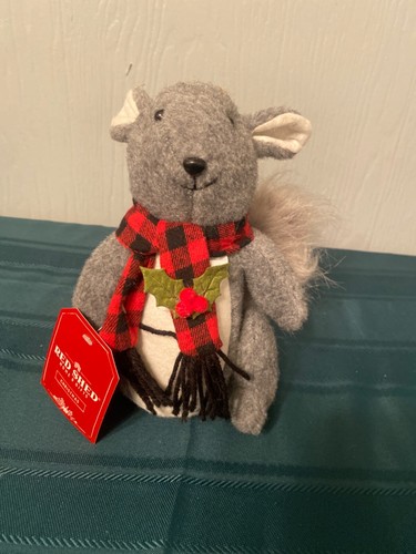 Red Shed Gray Squirrel Christmas Decor Plush New Buffalo Plaid Scarf 8 In Tall - Picture 1 of 4
