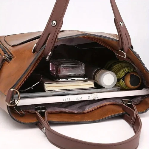 Bolso de mano grande de cuero de lujo para mujer Bolso cruzado de hombro para dama en marrón - Imagen 10 de 16