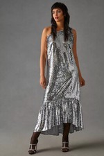 Anthropologie Maeve XXS One-Shoulder Sequin Dress Silver XXS Nwt Holiday Disco