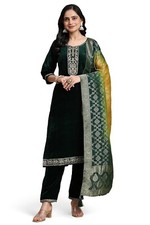Women's Velvet Embroidery Salwar Suit Set Kurta Pant with Dupatta