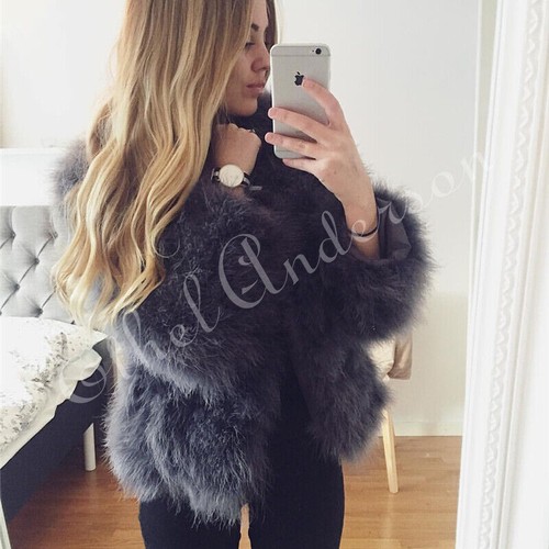 Retail Coat Knitted 100% Ostrich Feather Fever Fur Genuine Women Fluffy Jackets - Picture 3 of 13
