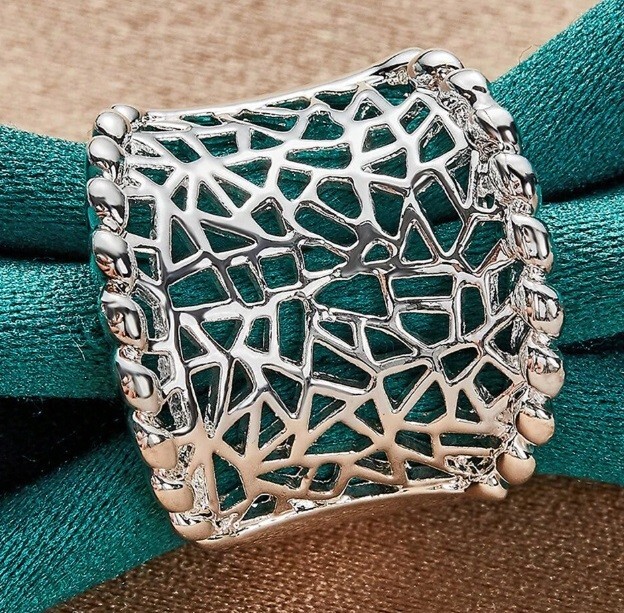 Anillo ancho de fiesta para mujer 935 Argentium plateado con bonito diseño recortado hueco