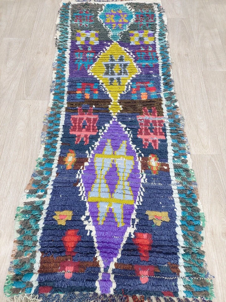Vintage Moroccan Berber Runner Rug 2x5 Handmade Geometric Multicolor Purple Rugs - Image 4 of 4