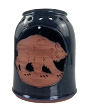 Handcrafted Glazed Ceramic Candle Cover Stoneware Pottery Bear Motif Candle Slip