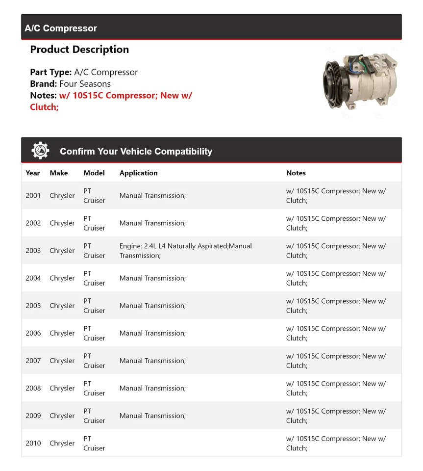 Compresor de aire acondicionado para Chrysler PT Cruiser 2001-2010 4 estaciones 2002 2003 2004 2005 Foto 2 de 4