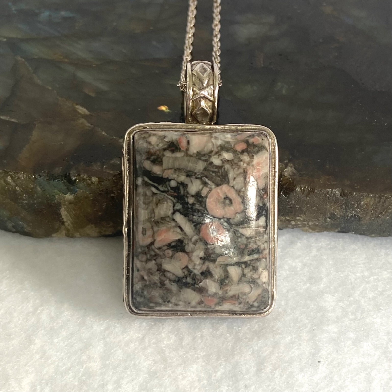 Sterling Silver 925 Rectangular Crinoid Fossil Ca… - image 4