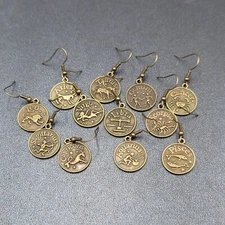 Zodiac Pierced Earrings Antiqued Gold tone Dangle Round 3/4"