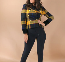 Vintage Checked Wool Black Yellow Plaid Wool Double Breasted Short Coat Size 2p